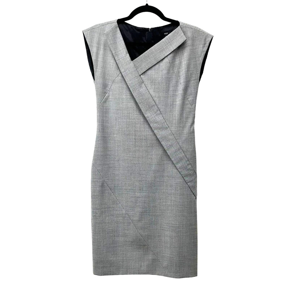 BOSS Hugo Boss Womens Grey Houndstooth Asymmetrical Neck Sheath Dress 0